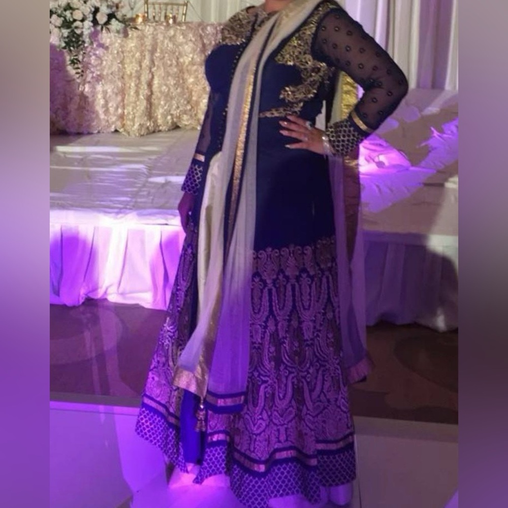 Elegant Blue and Gold Embroidered Gown